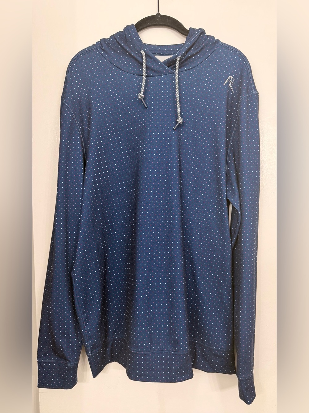 Rhoback Performance Long Sleeve Hoodie Blue Red & White Dots Size Medium